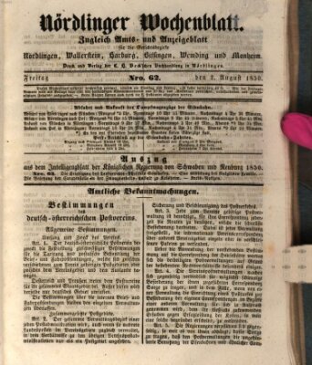 Nördlinger Wochenblatt (Intelligenzblatt der Königlich Bayerischen Stadt Nördlingen) Freitag 2. August 1850