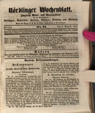 Nördlinger Wochenblatt (Intelligenzblatt der Königlich Bayerischen Stadt Nördlingen) Freitag 9. August 1850