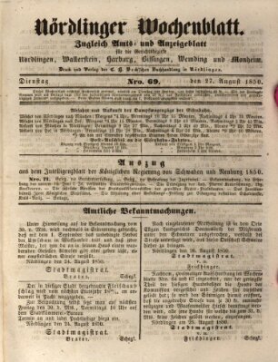 Nördlinger Wochenblatt (Intelligenzblatt der Königlich Bayerischen Stadt Nördlingen) Dienstag 27. August 1850