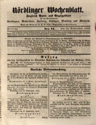 Nördlinger Wochenblatt (Intelligenzblatt der Königlich Bayerischen Stadt Nördlingen) Freitag 13. September 1850