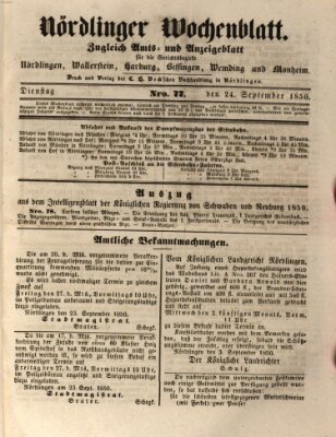 Nördlinger Wochenblatt (Intelligenzblatt der Königlich Bayerischen Stadt Nördlingen) Dienstag 24. September 1850