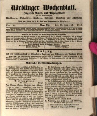 Nördlinger Wochenblatt (Intelligenzblatt der Königlich Bayerischen Stadt Nördlingen) Freitag 27. September 1850