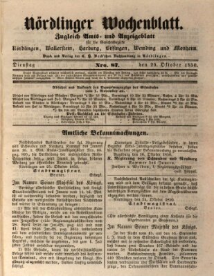 Nördlinger Wochenblatt (Intelligenzblatt der Königlich Bayerischen Stadt Nördlingen) Dienstag 29. Oktober 1850