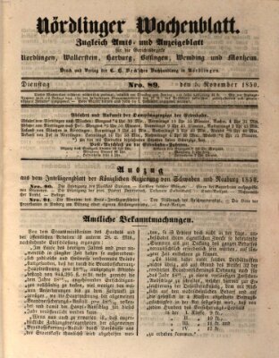 Nördlinger Wochenblatt (Intelligenzblatt der Königlich Bayerischen Stadt Nördlingen) Dienstag 5. November 1850