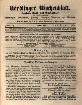 Nördlinger Wochenblatt (Intelligenzblatt der Königlich Bayerischen Stadt Nördlingen) Freitag 8. November 1850