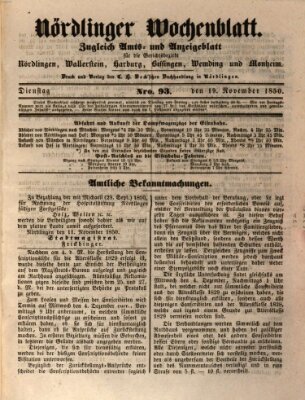 Nördlinger Wochenblatt (Intelligenzblatt der Königlich Bayerischen Stadt Nördlingen) Dienstag 19. November 1850