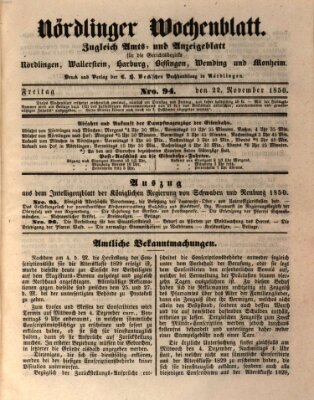 Nördlinger Wochenblatt (Intelligenzblatt der Königlich Bayerischen Stadt Nördlingen) Freitag 22. November 1850