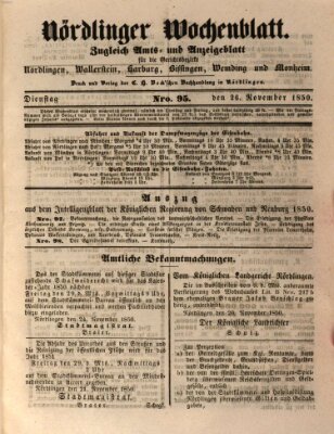 Nördlinger Wochenblatt (Intelligenzblatt der Königlich Bayerischen Stadt Nördlingen) Dienstag 26. November 1850