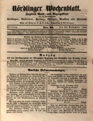 Nördlinger Wochenblatt (Intelligenzblatt der Königlich Bayerischen Stadt Nördlingen) Freitag 29. November 1850