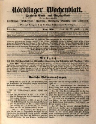 Nördlinger Wochenblatt (Intelligenzblatt der Königlich Bayerischen Stadt Nördlingen) Dienstag 10. Dezember 1850