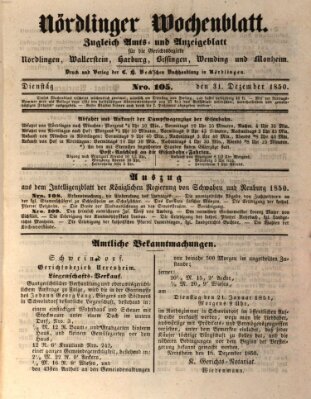 Nördlinger Wochenblatt (Intelligenzblatt der Königlich Bayerischen Stadt Nördlingen) Dienstag 31. Dezember 1850