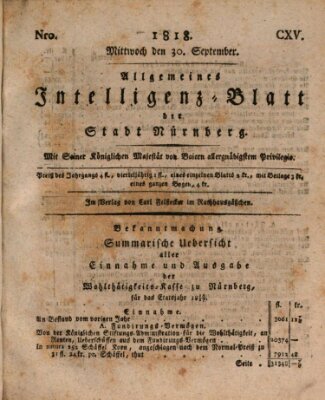 Allgemeines Intelligenz-Blatt der Stadt Nürnberg Mittwoch 30. September 1818