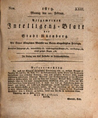 Allgemeines Intelligenz-Blatt der Stadt Nürnberg Montag 22. Februar 1819