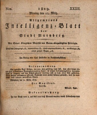 Allgemeines Intelligenz-Blatt der Stadt Nürnberg Montag 15. März 1819