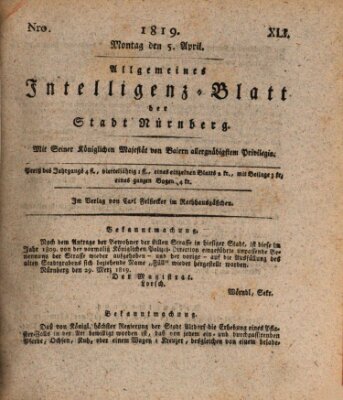 Allgemeines Intelligenz-Blatt der Stadt Nürnberg Montag 5. April 1819