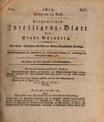 Allgemeines Intelligenz-Blatt der Stadt Nürnberg Freitag 16. April 1819