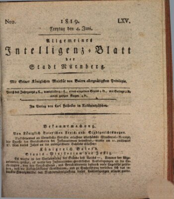 Allgemeines Intelligenz-Blatt der Stadt Nürnberg Freitag 4. Juni 1819