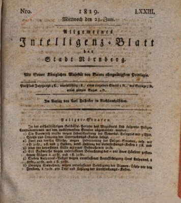 Allgemeines Intelligenz-Blatt der Stadt Nürnberg Mittwoch 23. Juni 1819