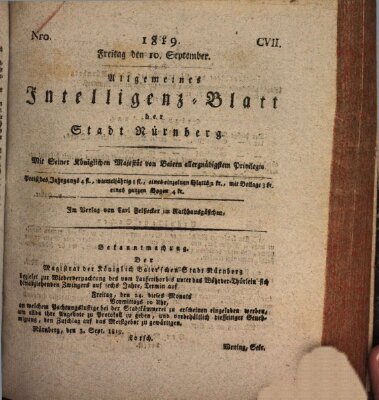 Allgemeines Intelligenz-Blatt der Stadt Nürnberg Freitag 10. September 1819