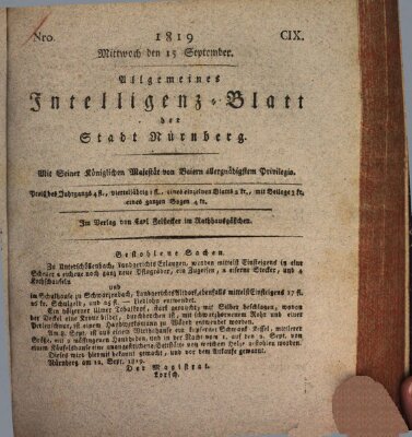 Allgemeines Intelligenz-Blatt der Stadt Nürnberg Mittwoch 15. September 1819