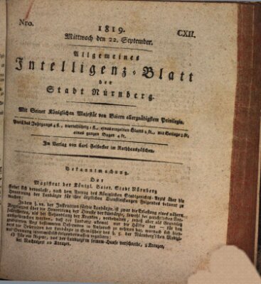 Allgemeines Intelligenz-Blatt der Stadt Nürnberg Mittwoch 22. September 1819