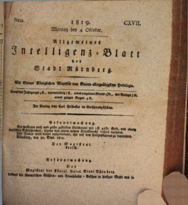 Allgemeines Intelligenz-Blatt der Stadt Nürnberg Montag 4. Oktober 1819