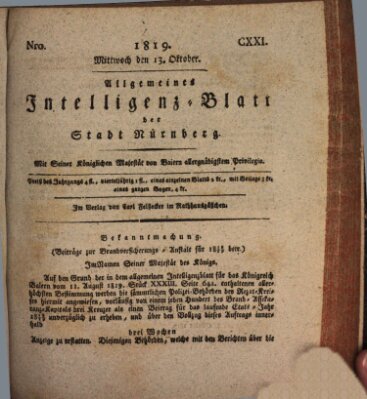 Allgemeines Intelligenz-Blatt der Stadt Nürnberg Mittwoch 13. Oktober 1819