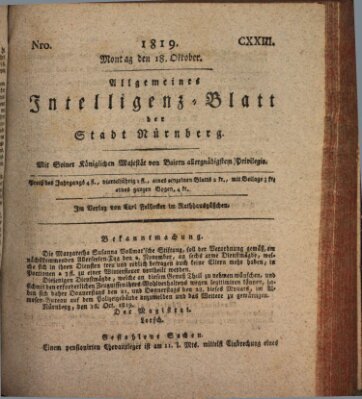 Allgemeines Intelligenz-Blatt der Stadt Nürnberg Montag 18. Oktober 1819