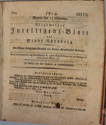 Allgemeines Intelligenz-Blatt der Stadt Nürnberg Montag 13. Dezember 1819