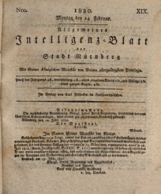 Allgemeines Intelligenz-Blatt der Stadt Nürnberg Montag 14. Februar 1820