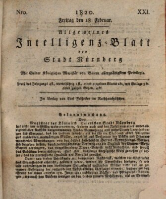 Allgemeines Intelligenz-Blatt der Stadt Nürnberg Freitag 18. Februar 1820