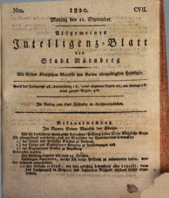 Allgemeines Intelligenz-Blatt der Stadt Nürnberg Montag 11. September 1820