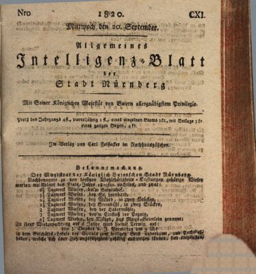 Allgemeines Intelligenz-Blatt der Stadt Nürnberg Mittwoch 20. September 1820