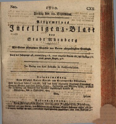 Allgemeines Intelligenz-Blatt der Stadt Nürnberg Freitag 22. September 1820