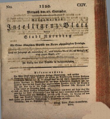 Allgemeines Intelligenz-Blatt der Stadt Nürnberg Mittwoch 27. September 1820