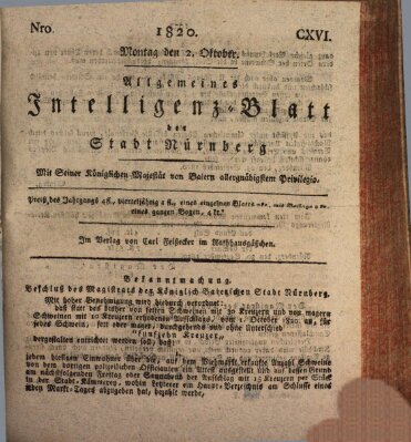 Allgemeines Intelligenz-Blatt der Stadt Nürnberg Montag 2. Oktober 1820