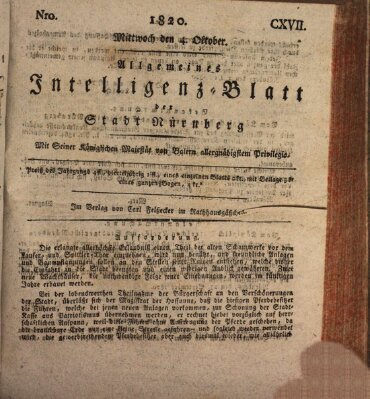 Allgemeines Intelligenz-Blatt der Stadt Nürnberg Mittwoch 4. Oktober 1820