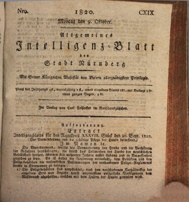 Allgemeines Intelligenz-Blatt der Stadt Nürnberg Montag 9. Oktober 1820