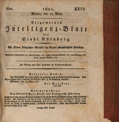 Allgemeines Intelligenz-Blatt der Stadt Nürnberg Montag 19. März 1821
