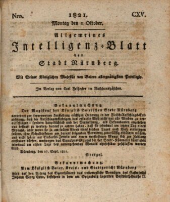 Allgemeines Intelligenz-Blatt der Stadt Nürnberg Montag 1. Oktober 1821