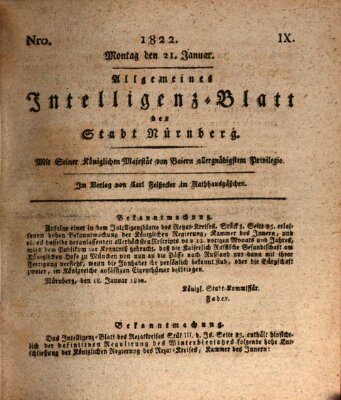 Allgemeines Intelligenz-Blatt der Stadt Nürnberg Montag 21. Januar 1822