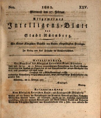 Allgemeines Intelligenz-Blatt der Stadt Nürnberg Mittwoch 27. Februar 1822