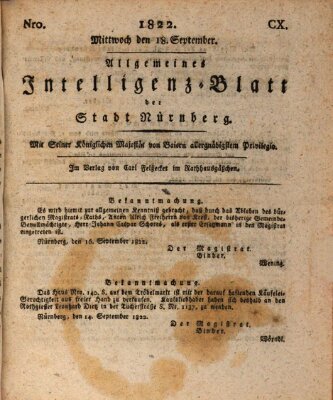 Allgemeines Intelligenz-Blatt der Stadt Nürnberg Mittwoch 18. September 1822