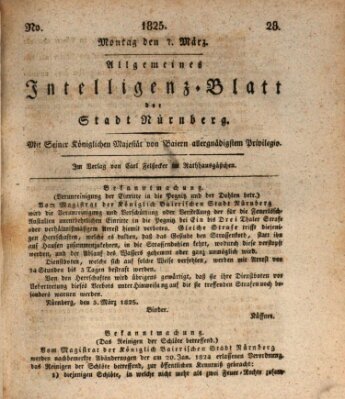 Allgemeines Intelligenz-Blatt der Stadt Nürnberg Montag 7. März 1825