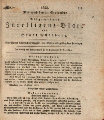 Allgemeines Intelligenz-Blatt der Stadt Nürnberg Mittwoch 21. September 1825