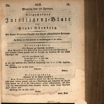 Allgemeines Intelligenz-Blatt der Stadt Nürnberg Montag 30. Januar 1826