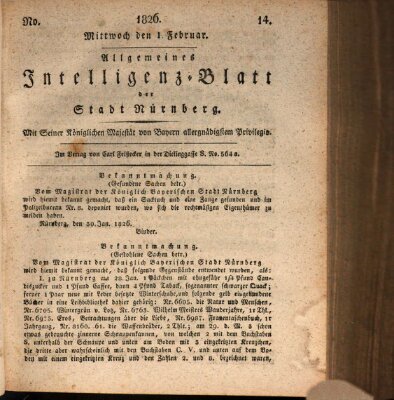 Allgemeines Intelligenz-Blatt der Stadt Nürnberg Mittwoch 1. Februar 1826