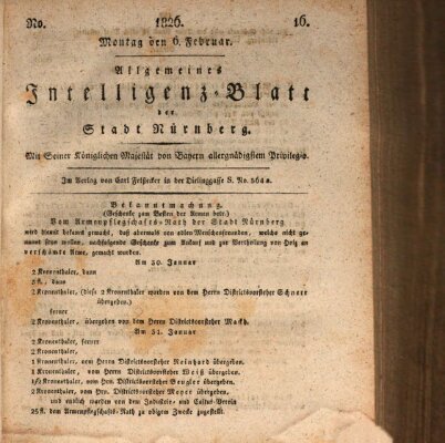 Allgemeines Intelligenz-Blatt der Stadt Nürnberg Montag 6. Februar 1826