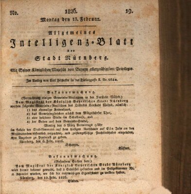 Allgemeines Intelligenz-Blatt der Stadt Nürnberg Montag 13. Februar 1826