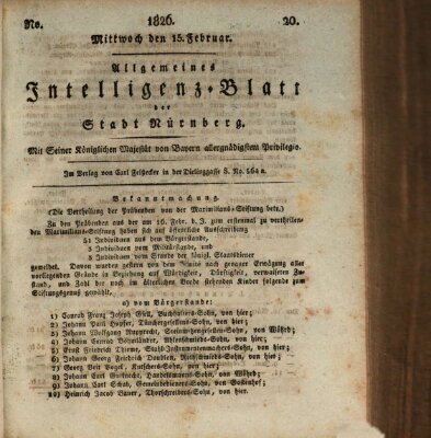 Allgemeines Intelligenz-Blatt der Stadt Nürnberg Mittwoch 15. Februar 1826